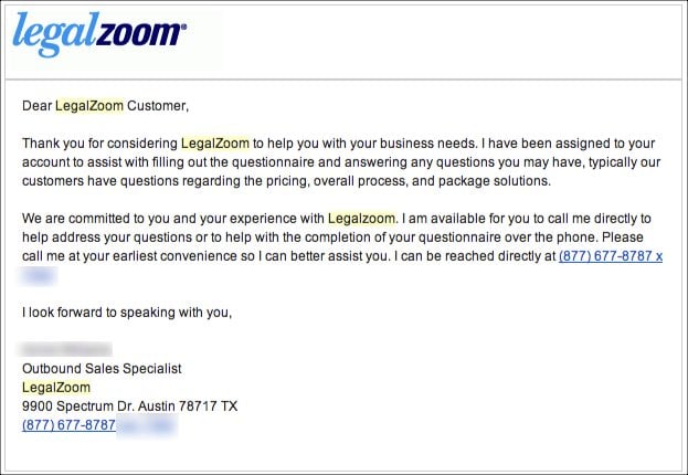 LegalZoom Email After Call